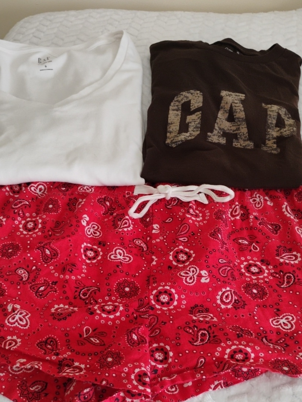 GAP Brown Logo Tee, White Top & Red Paisley Shorts